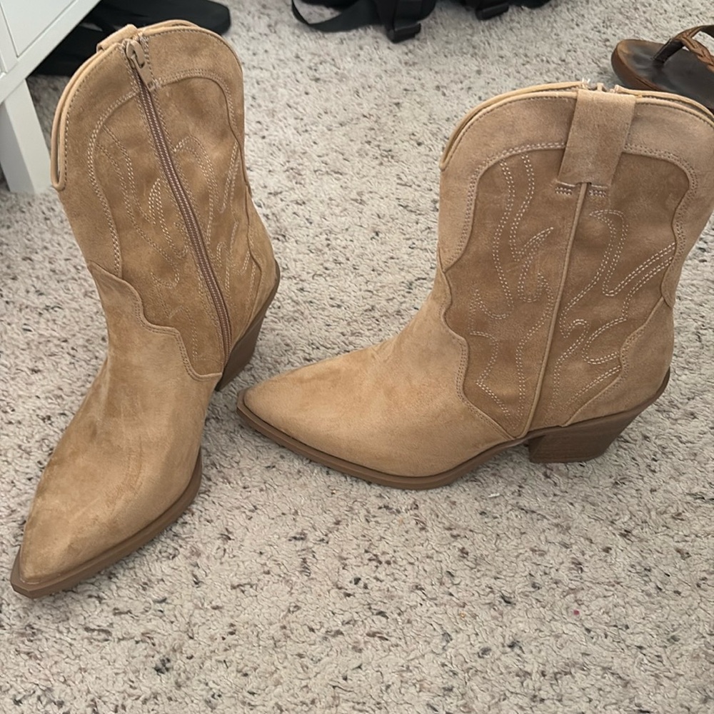 Tan and Brown Ankle Booties with Western Stitching